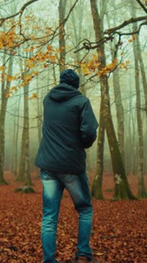 Old Man Walks in a Foggy Autumn Mountain and Picks Yellow Leaves From a Tree