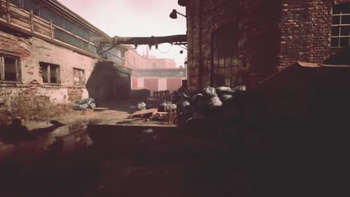 Abandoned Factory in Decline with Collapsing Brick Structures and Debris