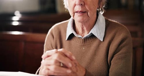 Church, prayer and hands of senior woman with faith, gratitude or spiritual respect in holy