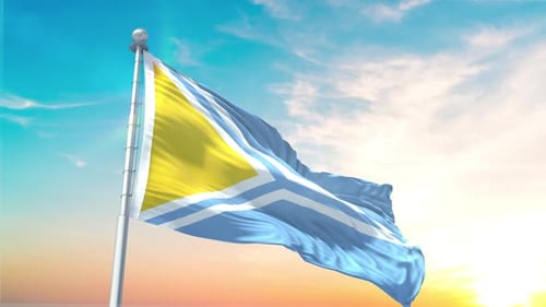 Generic Waving Flag Against Blue Sky with Sunset Glow