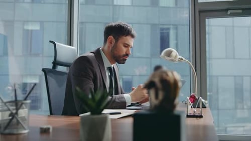 Entrepreneur Discussing Work Online Conference Sitting Office Table Close Up