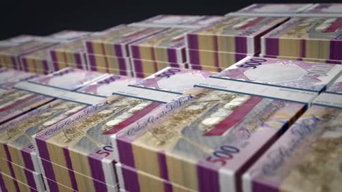 Qatar Riyal money banknote pack growth up loop