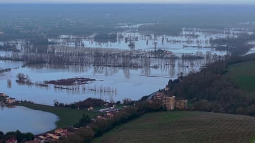 Aerial view of floodwaters engulfing fields, Sainte-Croix-du-Mont, France.