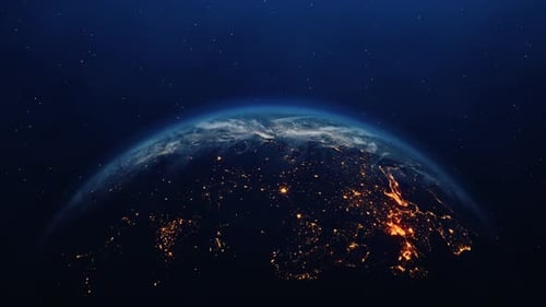 Closeup View of Blue Earth Space at Night and Day Lights on Planet