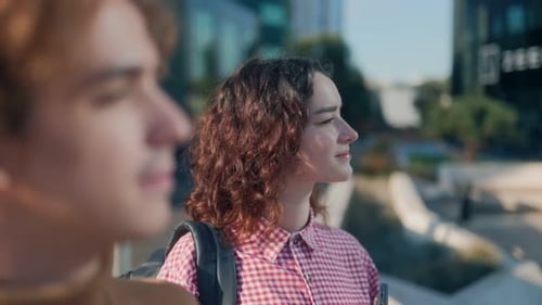 Cheerful Students Portrait Outdoors at Modern University Building Entrance