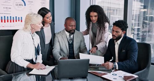 Corporate, people and laptop in meeting for finance report, brainstorming and company growth