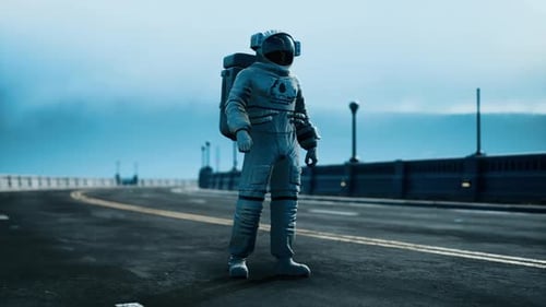 Astronaut in Space Suit on the Road Bridge