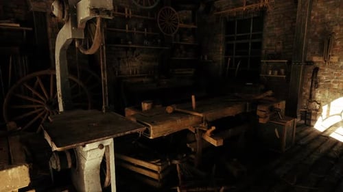 Workshop Filled with Tools and Wooden Benches Illuminated By Sunlight