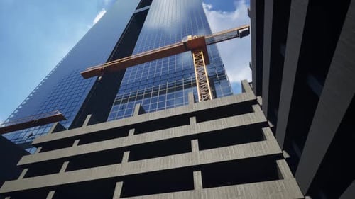 Edificio de gran altura con una grúa amarilla