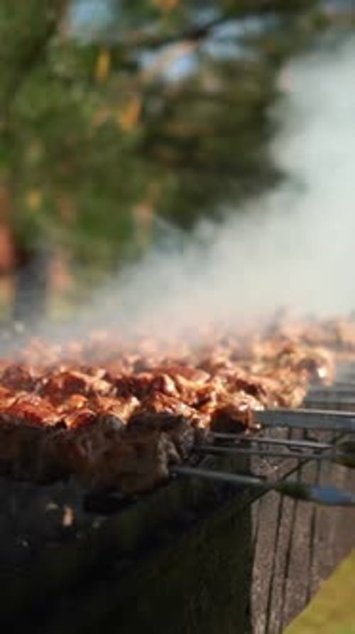 Barbecue Meat Cooking Outdoors Over Charcoal Grill