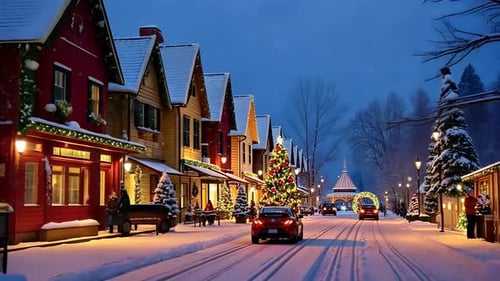 Cidade natalina nevada com casas decoradas, árvores e carros em movimento