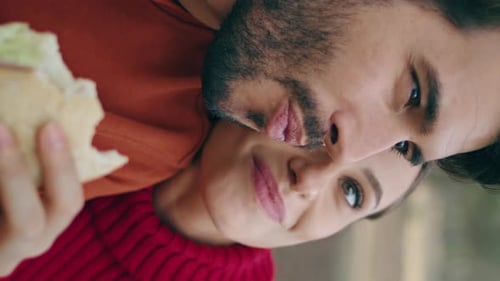 Couple Tourists Eating Forest Enjoying Nature Vertical Close Up Happy Family