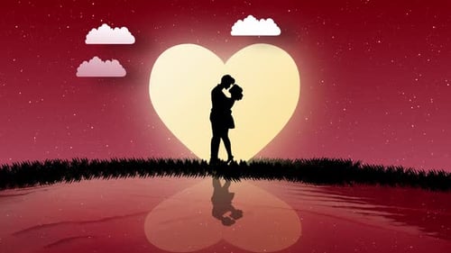 Animated Couple Silhouette with Glowing Heart Background