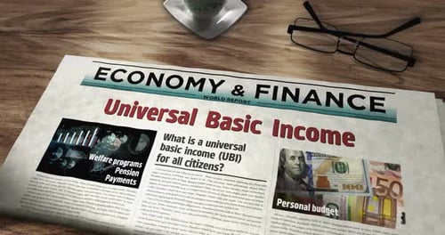 Universal basic income analysis technology newspaper on table