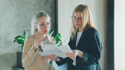 Two Businesswomen are Collaborating and Analyzing Documents Together in a Modern Office Environment