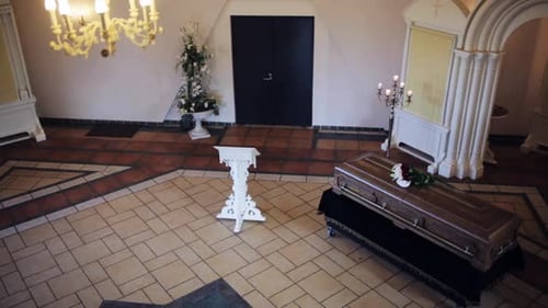 Funeral, Burial and Mourning Concept - Coffin at Orthodox Church Burial