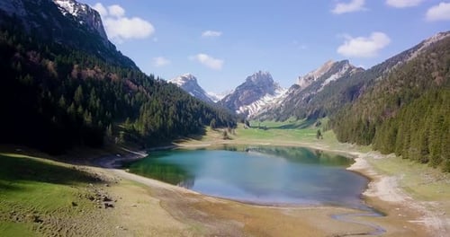 Aerial View of Swiss Mountains and Lake in Alpstein, Switzerland