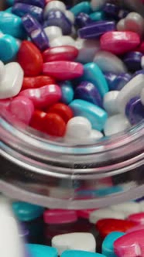Vertical video. Pouring Out from the Jar Are Multicolored Hearts for Decorating Sweets.