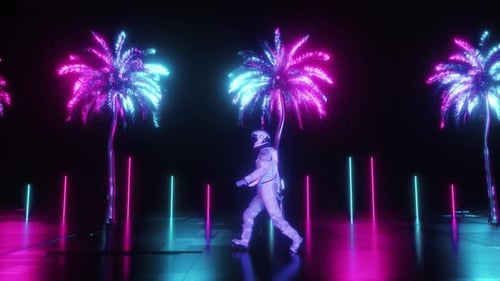 Palmiers scintillants au néon Synthwave et astronaute ambulant