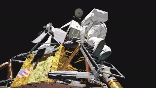 Astronaut Descends Lunar Module Ladder in Space