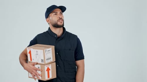 Delivery man, search and cargo with service and courier, online shopping