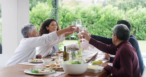Family Celebrates Together with a Meal and Toast