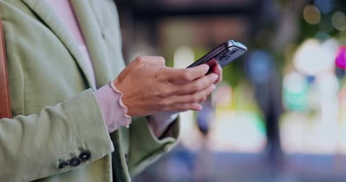 Smartphone in hands, woman in city and typing, social media and communication with technology