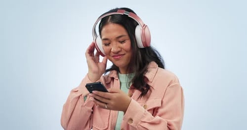 Studio music, phone and happy woman dancing, listening and streaming radio podcast