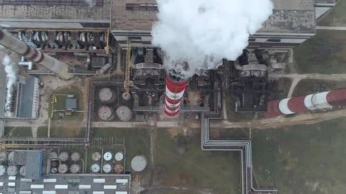 Thermal Power Energy Station View From Height to Pipes in Fog Steam and Smoke From Pipes