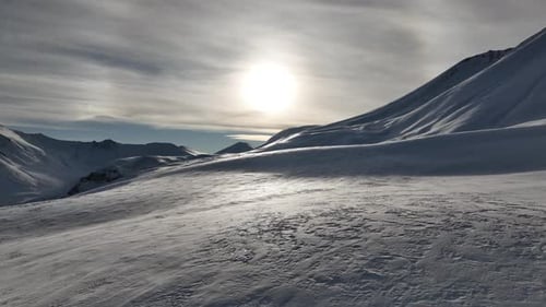 Aerial view of beautiful snowy mountains in Gudauri, Georgia