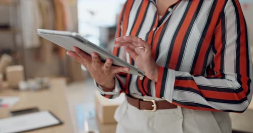 Hands, small business or tablet for fashion e commerce, startup or inventory in shop closeup