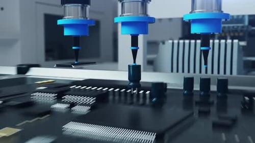 A factory for the production of microchips and chips . A close-up camera tracks the movement