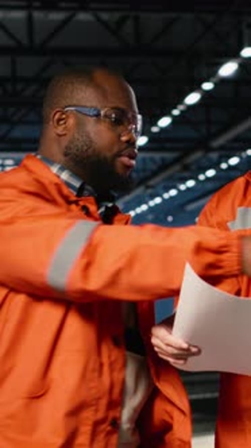 Vertical Video Two Supervisors Use Plans to Oversee Construction and Production Tasks