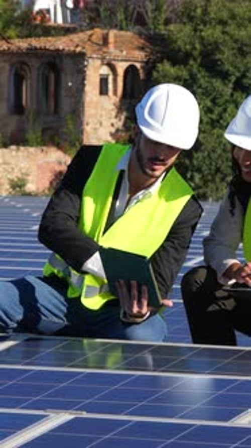 Ingenieurteam diskutiert über die Installation von Solarmodulen auf dem Dach