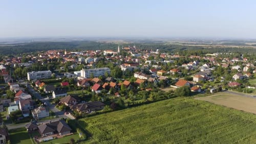 Aerial View From a Drone Buildings of a Town in a Rural Area