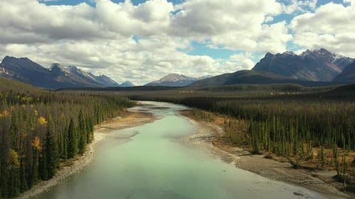 Aerial view of the Athabasca River in Alberta, Canada.