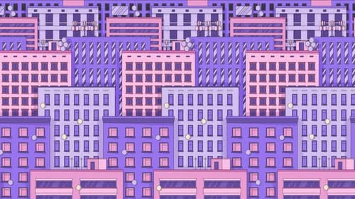 Fondo de pantalla de dibujos animados de animación lofi de edificios de paisajes urbanos de color púrpura pastel