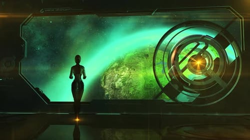 Futuristic Robot Observing Earth from Space Station Interface