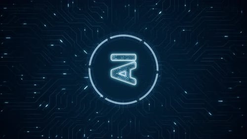Blue digital AI logo and futuristic technotogy circle HUD with circuit board vertical video concept