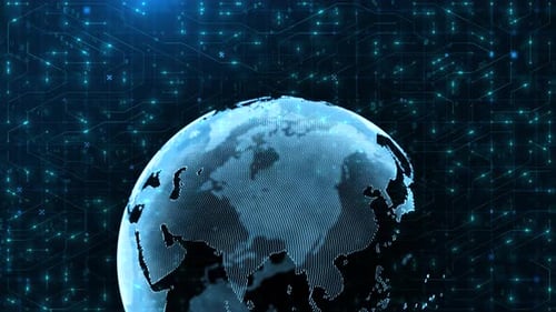 Digitale Globe-Weltkarte über blauem Schaltungshintergrund