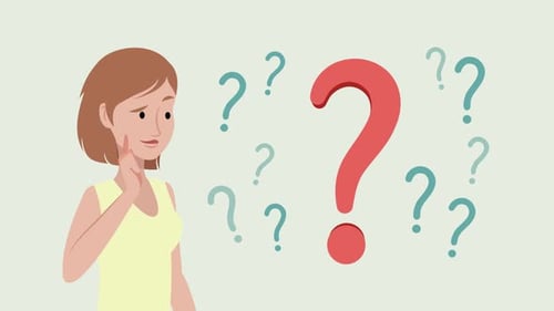 Confused woman thinking with question marks animation.
