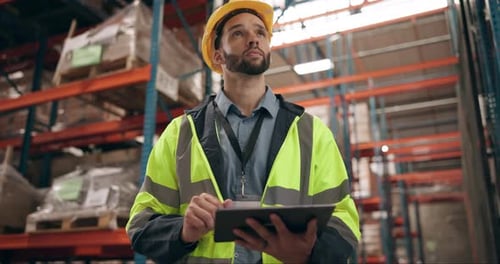 Logistics, warehouse and man with tablet thinking, online planning or inspection for distribution