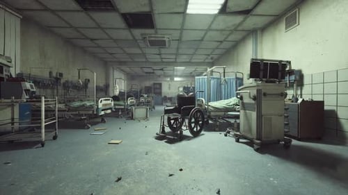 Abandoned Hospital Room with Wheelchair and Scattered Medical Equipment