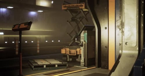 Dentro de uma grande instalação industrial, máquinas pesadas ficam ao lado de uma área de carregamento