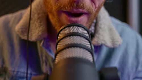 Close up on professional sound studio microphone in live radio show or podcast streaming. Recording