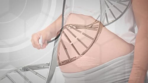 Futuristic DNA Double Helix Rotation with Digital Information Overlay