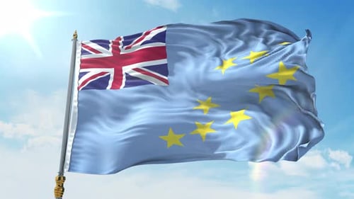 Tuvalu National Flag Waving in Realistic Blue Sky