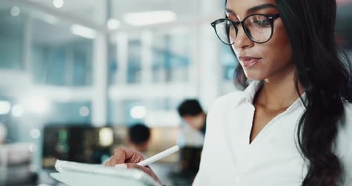 Woman, tablet and developer with pen in office for software development, thinking or business