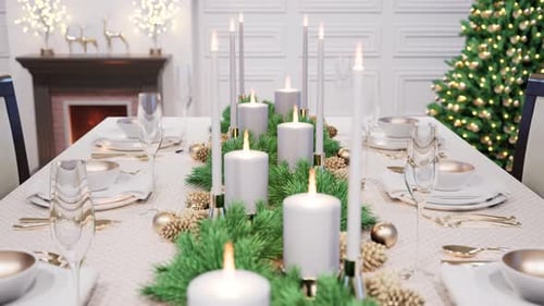 Elegant Christmas Dinner Table Setting with Flickering Candles