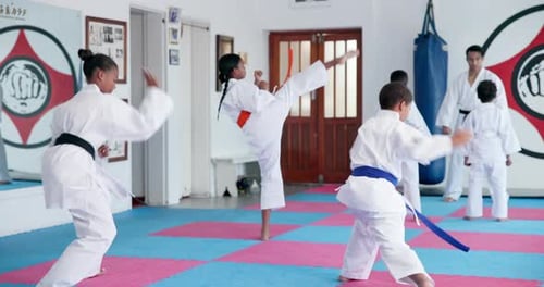 Children Learning Martial Arts in Studio with Instructor